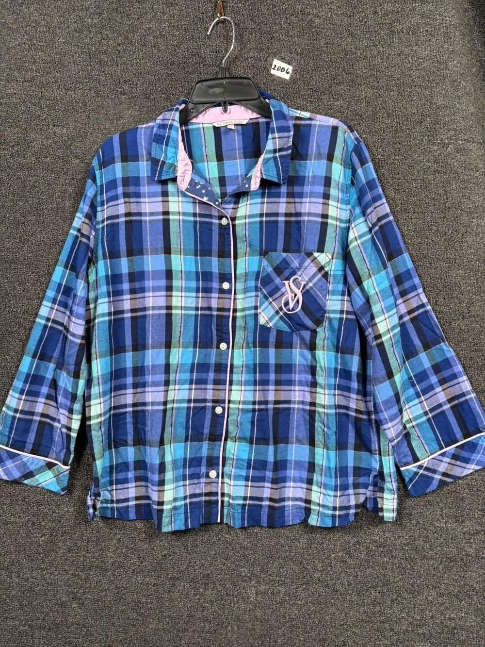 Victoria Secret Plaid Button Up Shirt Womens Size L Purple Blue Pink Long Sleeve
